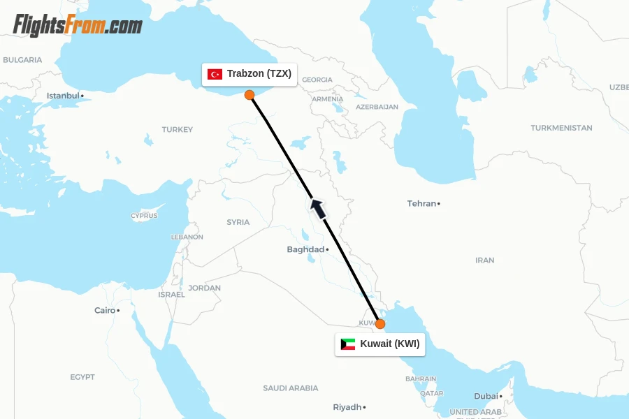 Flights from Kuwait to Trabzon route map
