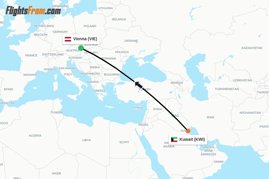 Flights from Kuwait to Vienna route map