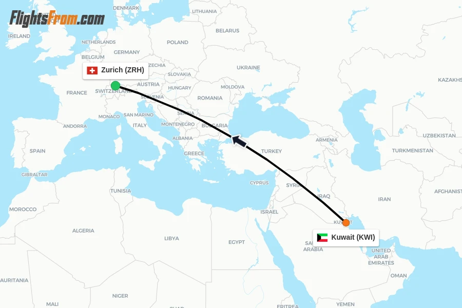 Flights from Kuwait to Zurich route map