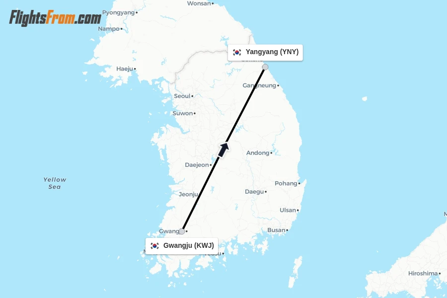 Flights from Gwangju to Yangyang route map
