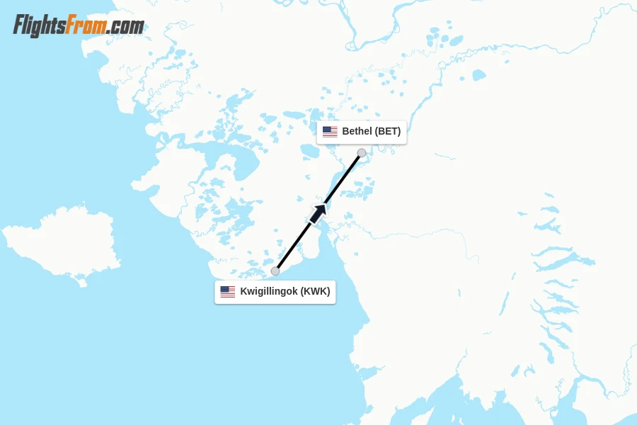 Flights from Kwigillingok to Bethel route map