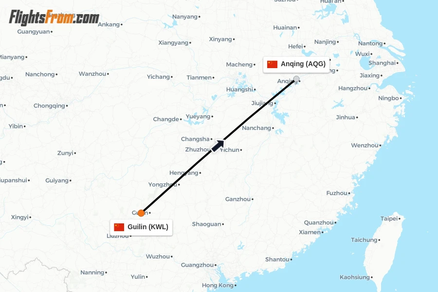 Flights from Guilin to Anqing route map