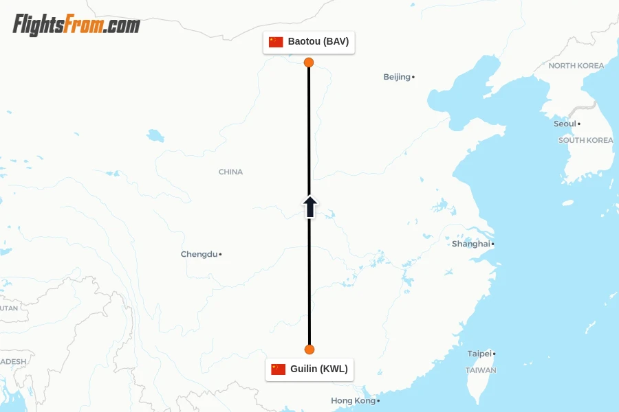 Flights from Guilin to Baotou route map