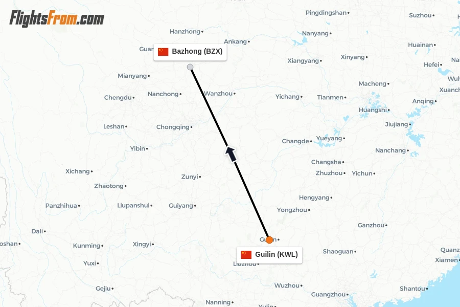 Flights from Guilin to Bazhong route map