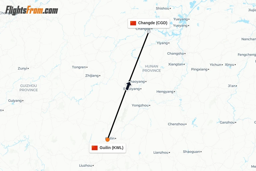 Flights from Guilin to Changde route map