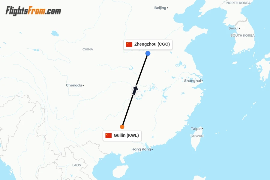 Flights from Guilin to Zhengzhou route map