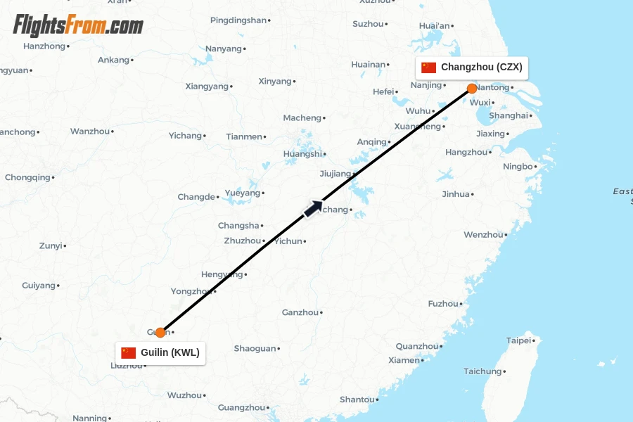 Flights from Guilin to Changzhou route map