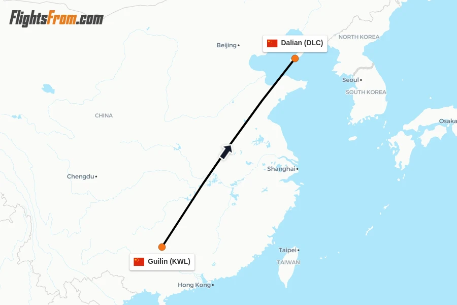 Flights from Guilin to Dalian route map