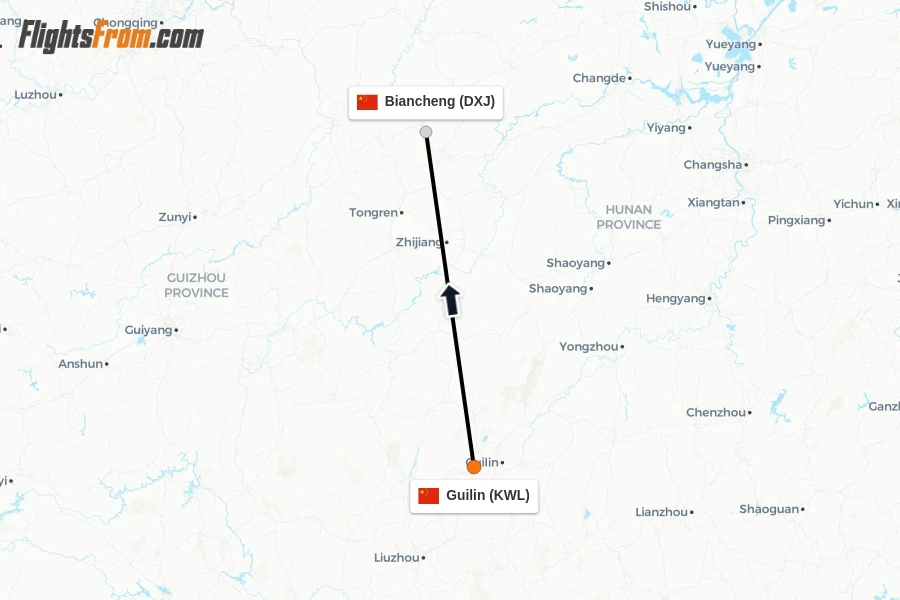 Flights from Guilin to Biancheng route map