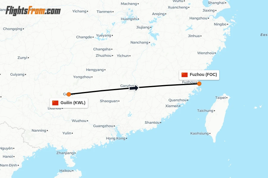 Flights from Guilin to Fuzhou route map