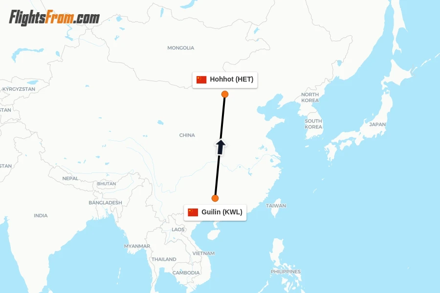 Flights from Guilin to Hohhot route map