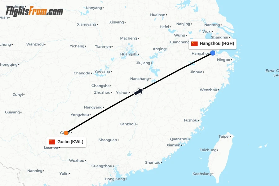 Flights from Guilin to Hangzhou route map