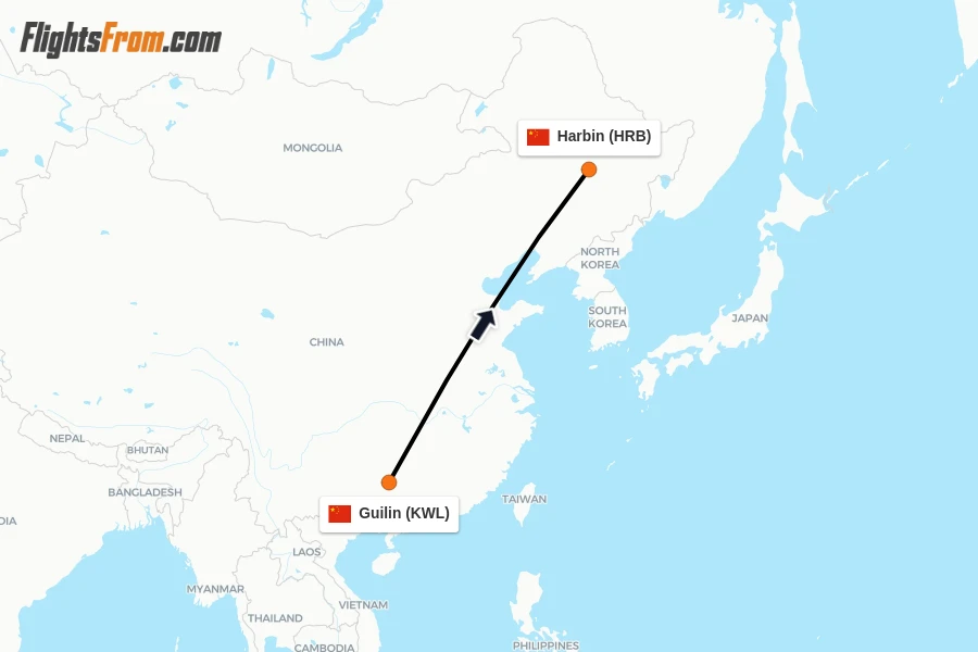Flights from Guilin to Harbin route map