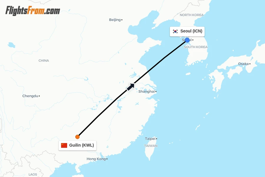 Flights from Guilin to Seoul route map
