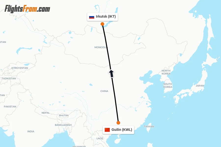 Flights from Guilin to Irkutsk route map