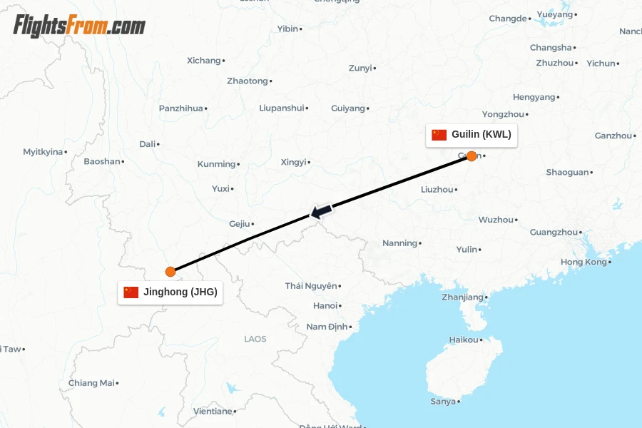 Flights from Guilin to Jinghong route map