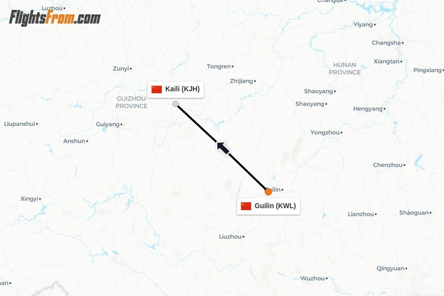 Flights from Guilin to Kaili route map