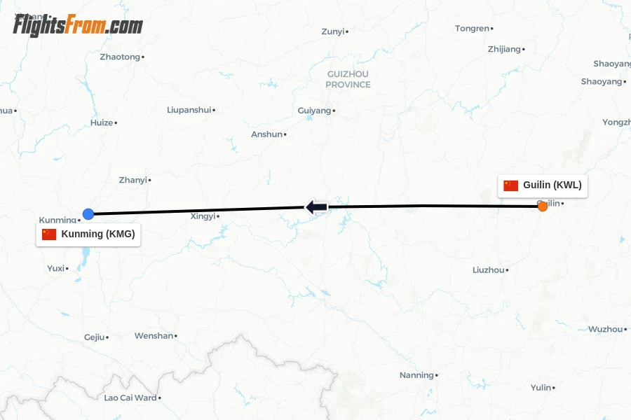 Flights from Guilin to Kunming route map
