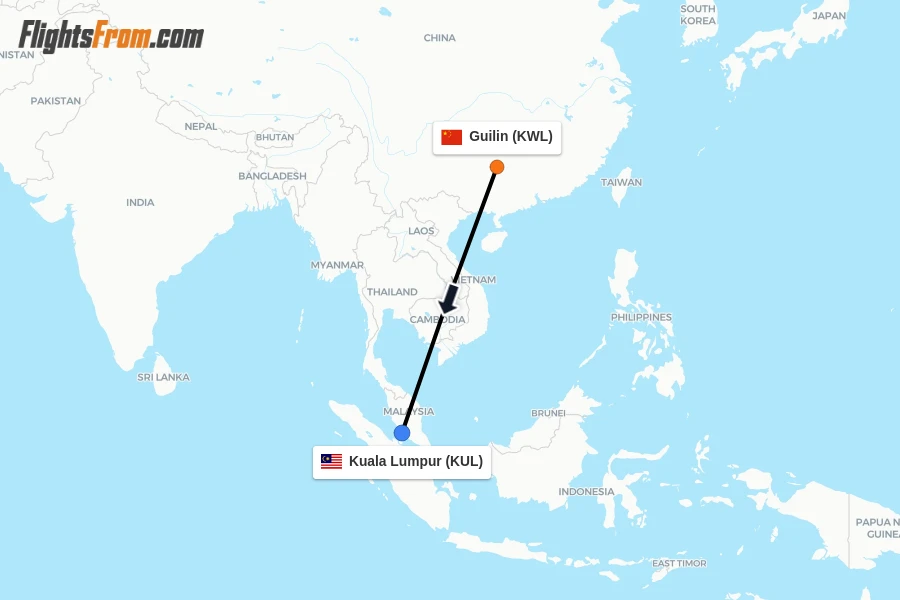 Flights from Guilin to Kuala Lumpur route map