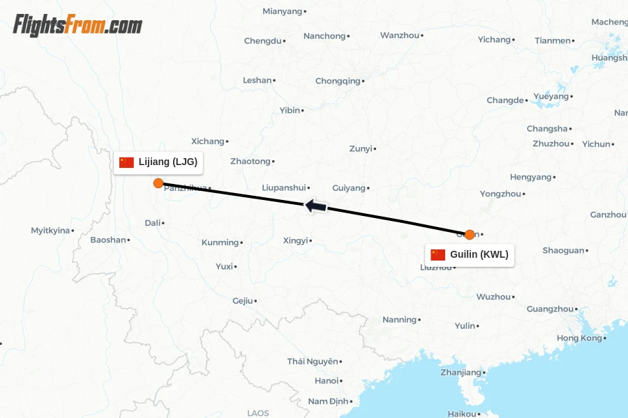 Flights from Guilin to Lijiang route map