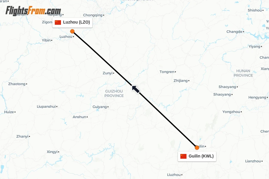 Flights from Guilin to Luzhou route map