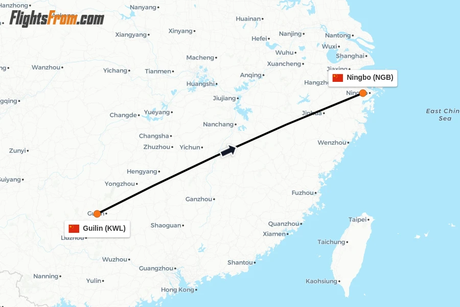 Flights from Guilin to Ningbo route map