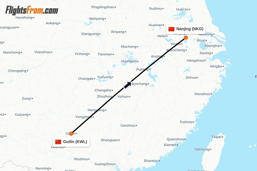 Flights from Guilin to Nanjing route map