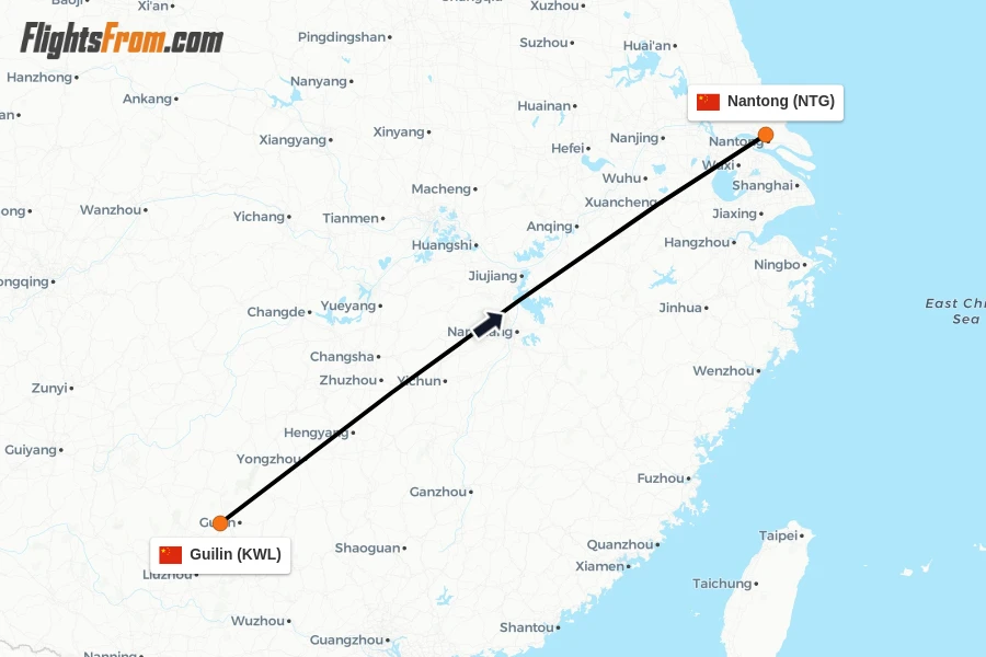 Flights from Guilin to Nantong route map