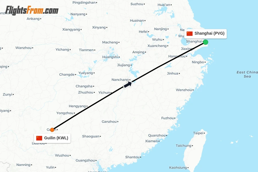 Flights from Guilin to Shanghai route map