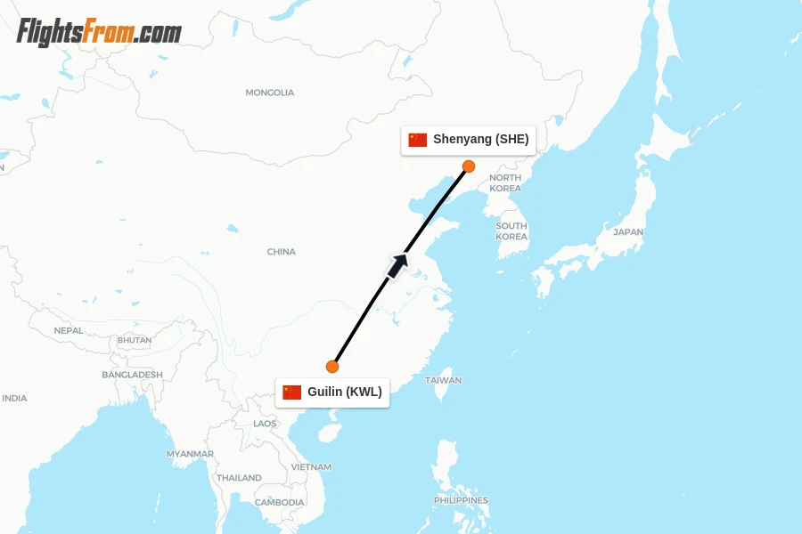 Flights from Guilin to Shenyang route map