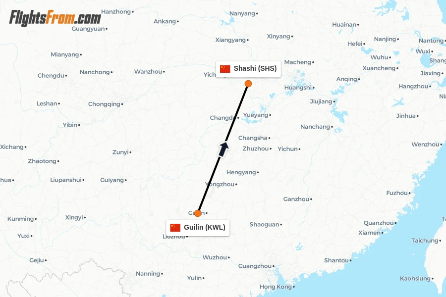 Flights from Guilin to Shashi route map
