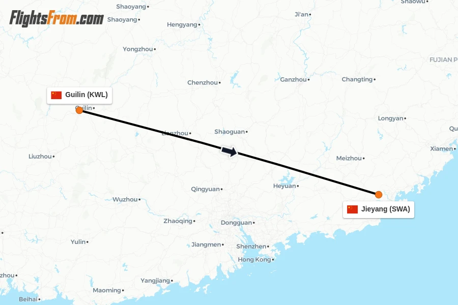 Flights from Guilin to Jieyang route map