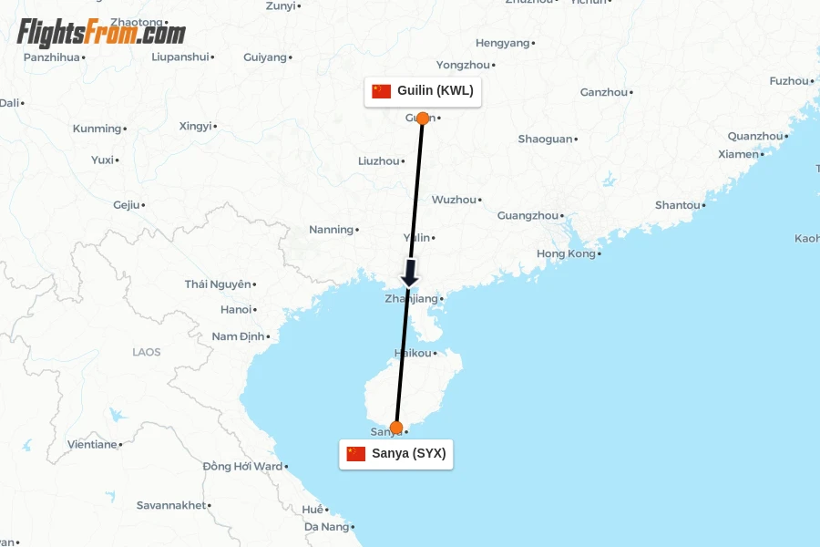 Flights from Guilin to Sanya route map