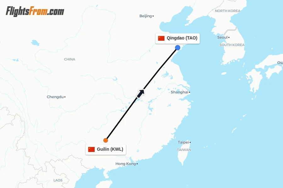 Flights from Guilin to Qingdao route map