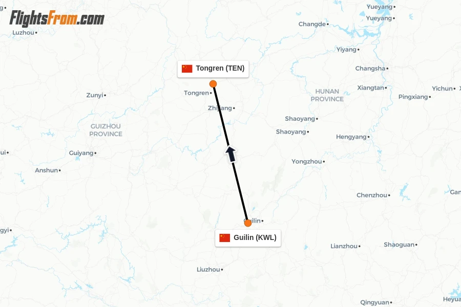 Flights from Guilin to Tongren route map