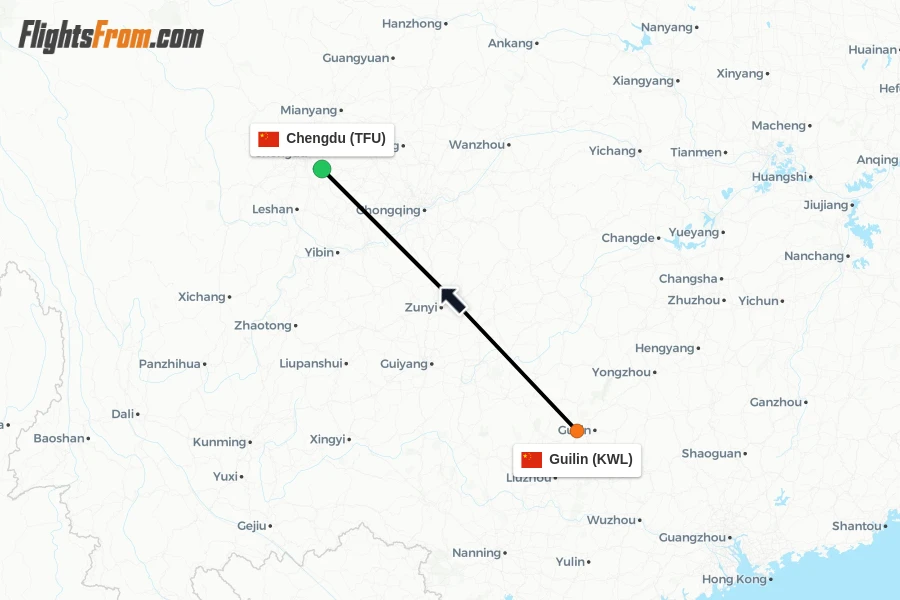 Flights from Guilin to Chengdu route map