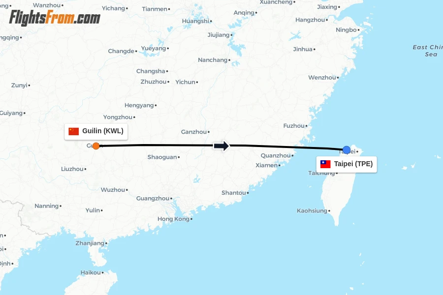 Flights from Guilin to Taipei route map