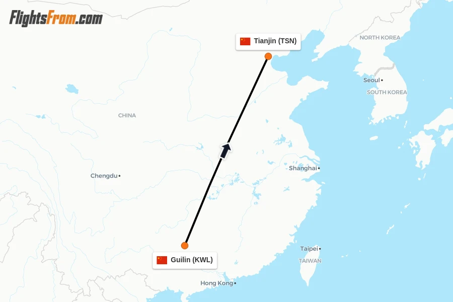 Flights from Guilin to Tianjin route map