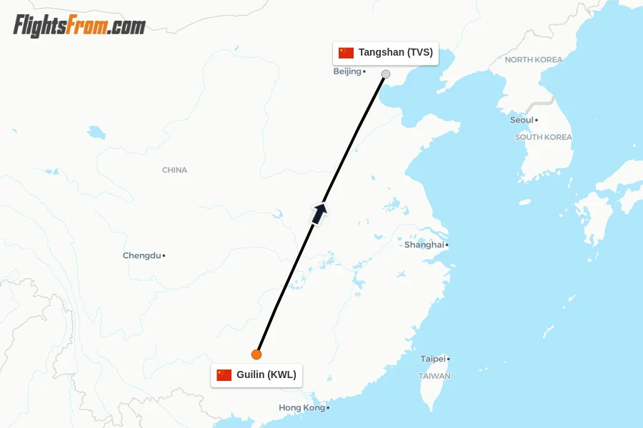 Flights from Guilin to Tangshan route map