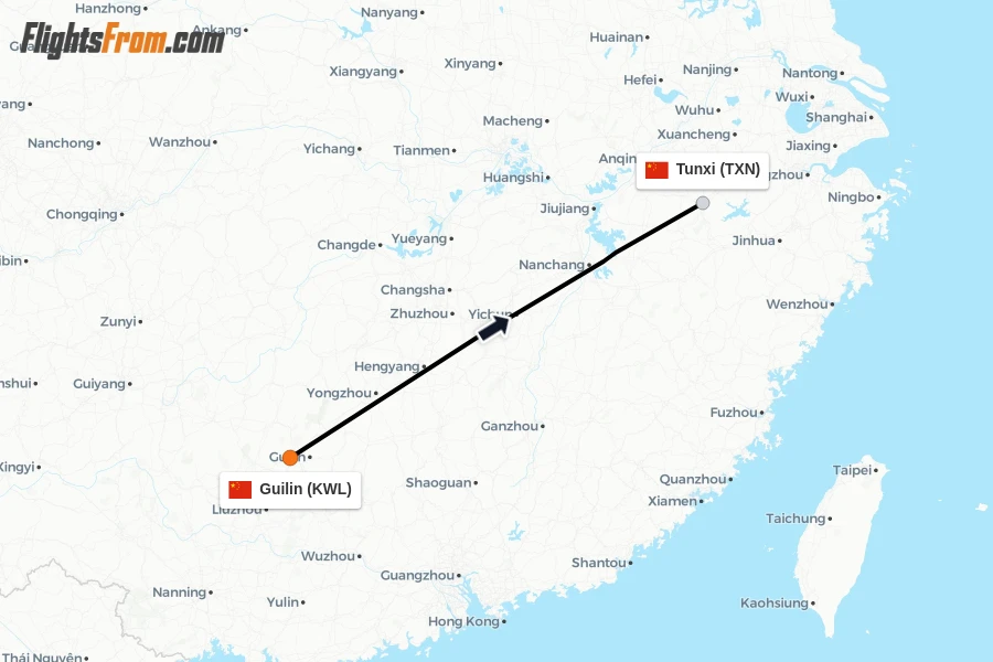 Flights from Guilin to Tunxi route map
