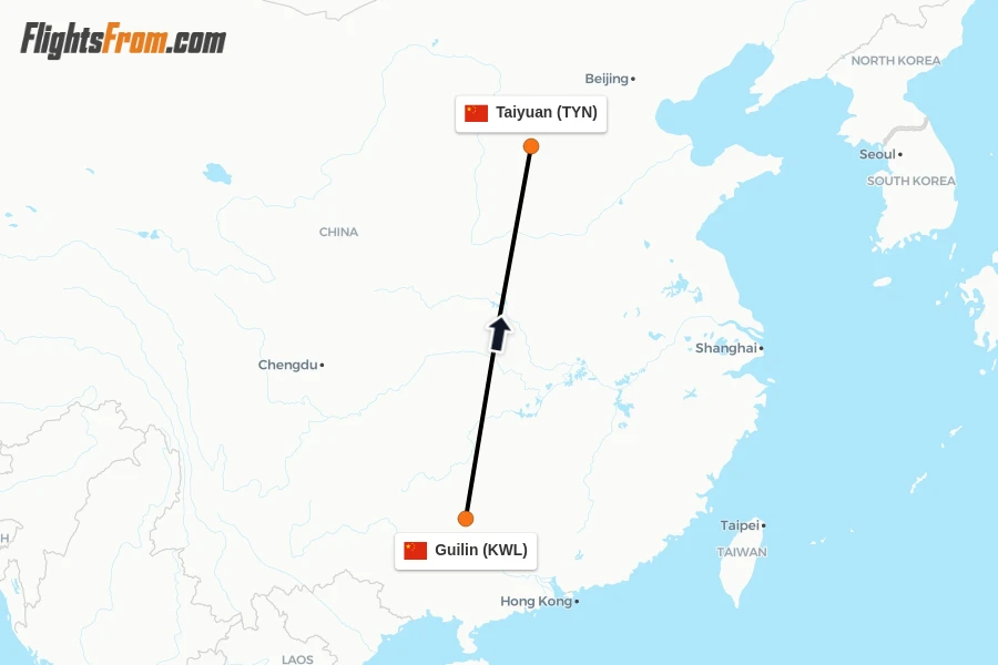 Flights from Guilin to Taiyuan route map