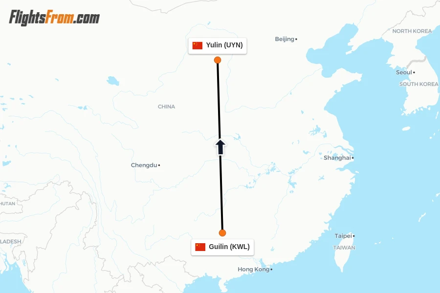 Flights from Guilin to Yulin route map