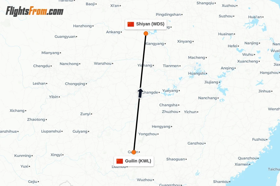 Flights from Guilin to Shiyan route map
