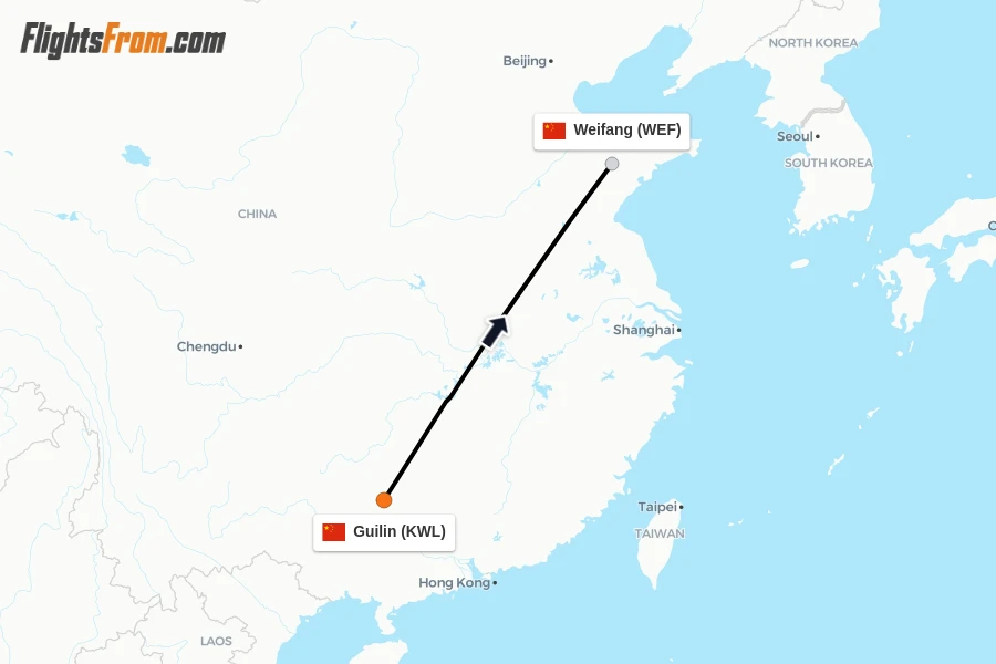 Flights from Guilin to Weifang route map