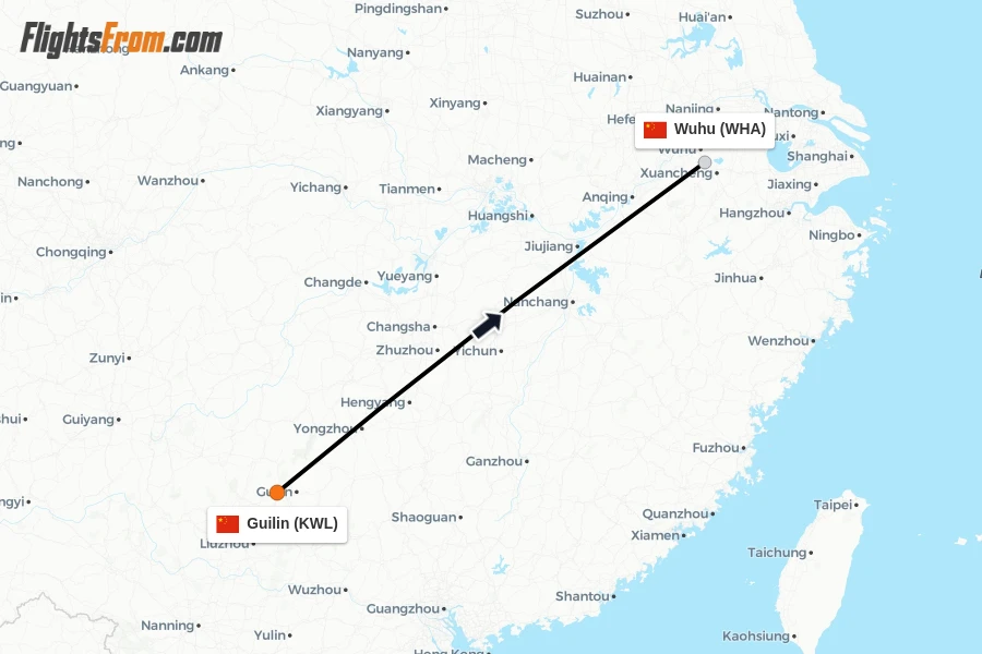 Flights from Guilin to Wuhu route map