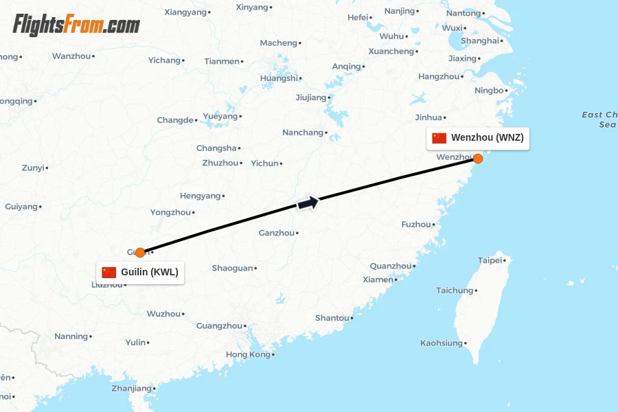 Flights from Guilin to Wenzhou route map