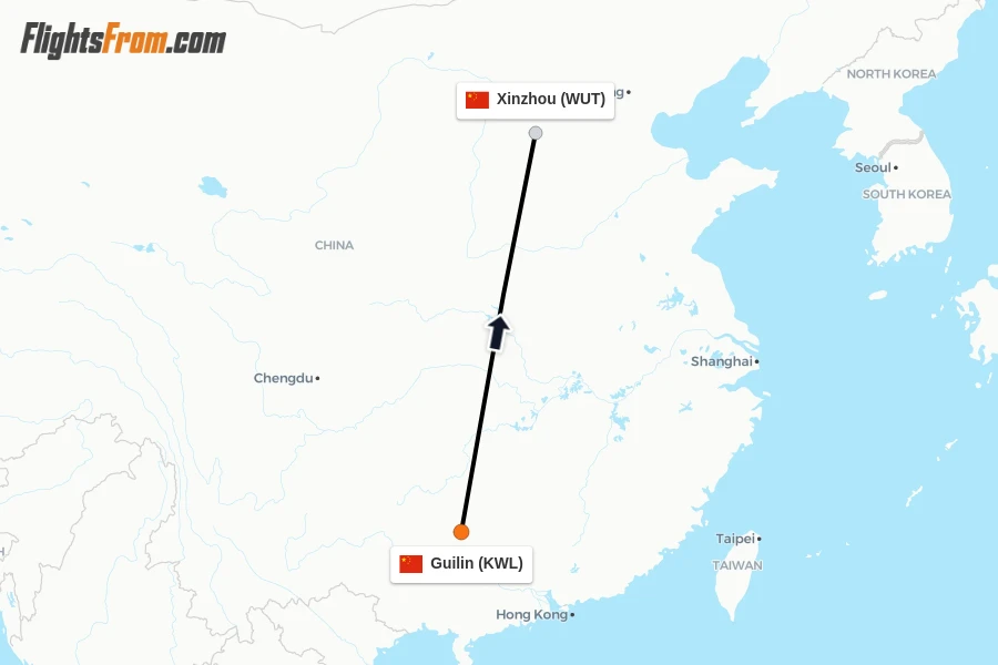 Flights from Guilin to Xinzhou route map