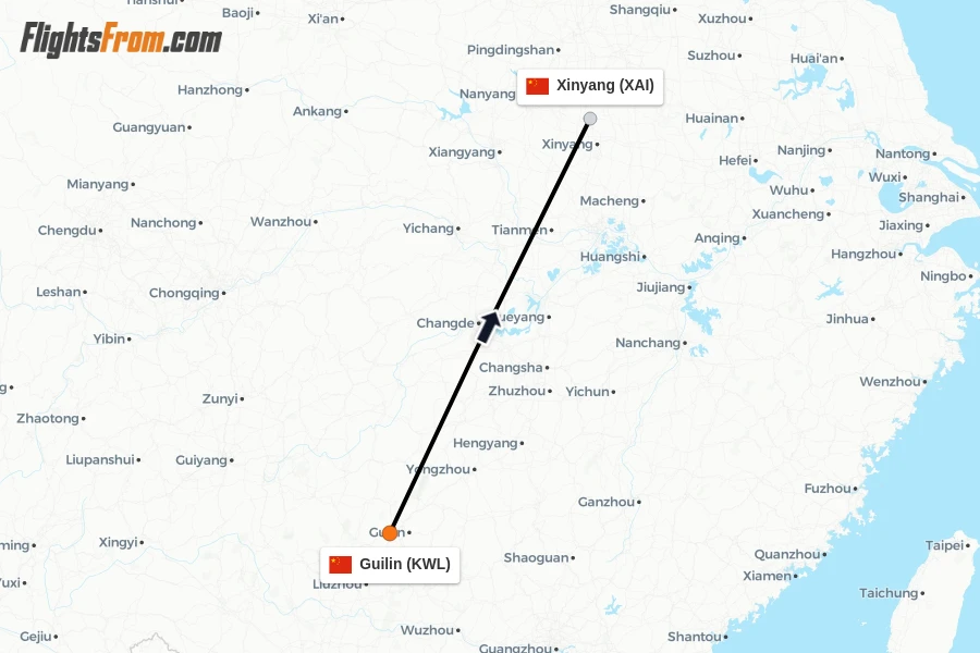 Flights from Guilin to Xinyang route map