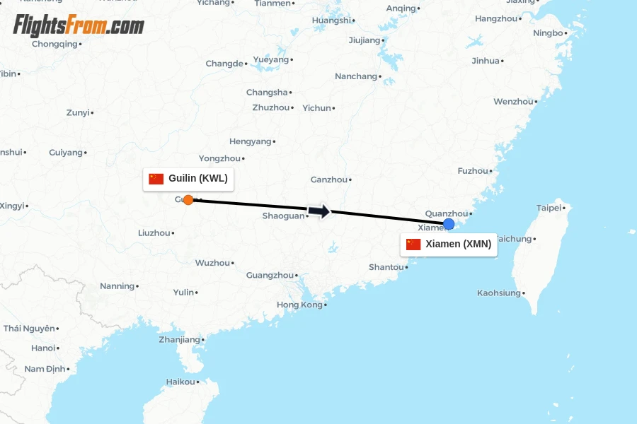 Flights from Guilin to Xiamen route map