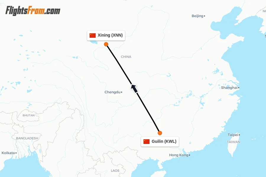 Flights from Guilin to Xining route map